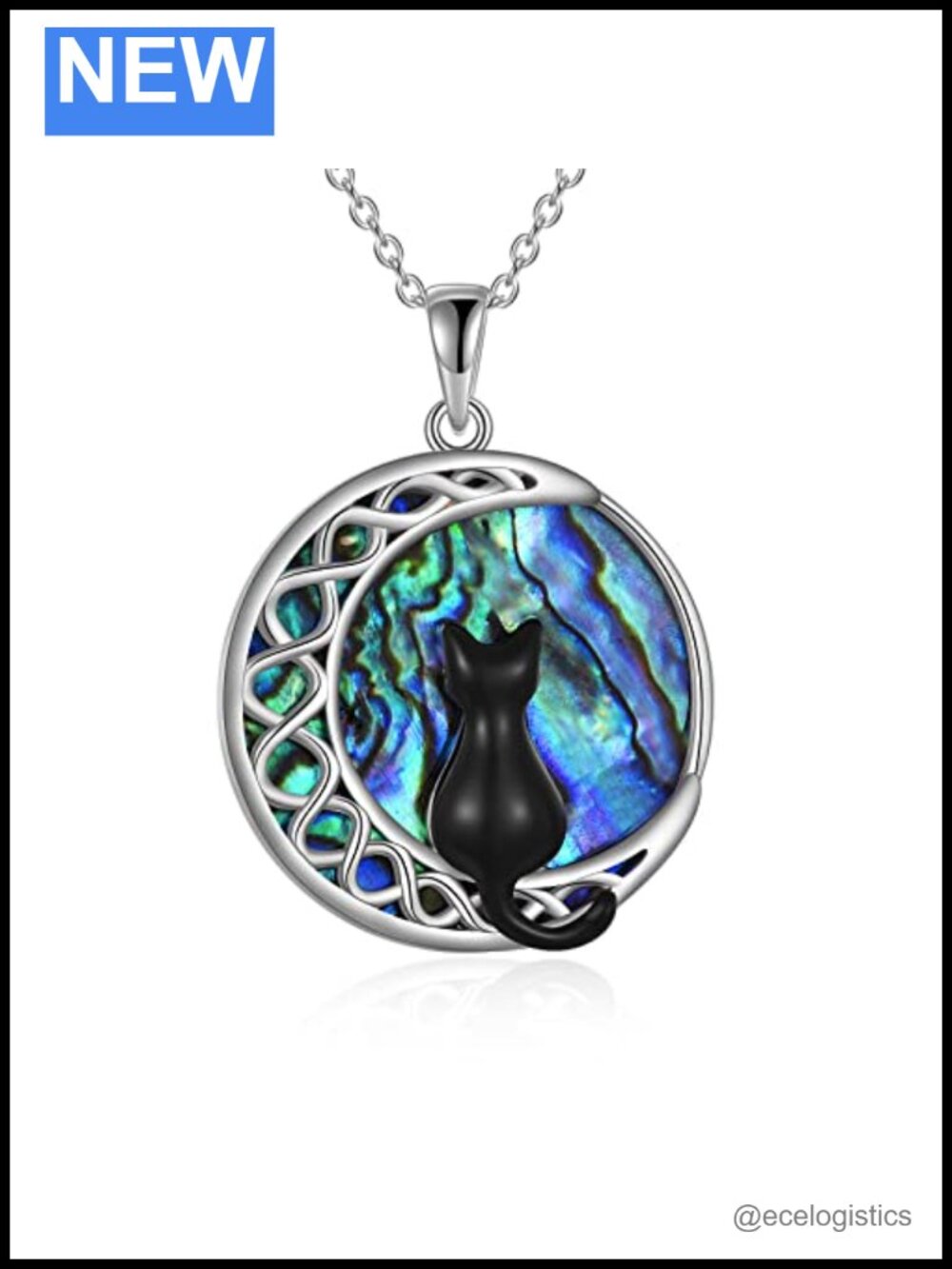 Sterling Silver Cat on Moon Pendant Necklace 18in Celtic Jewelry Gift